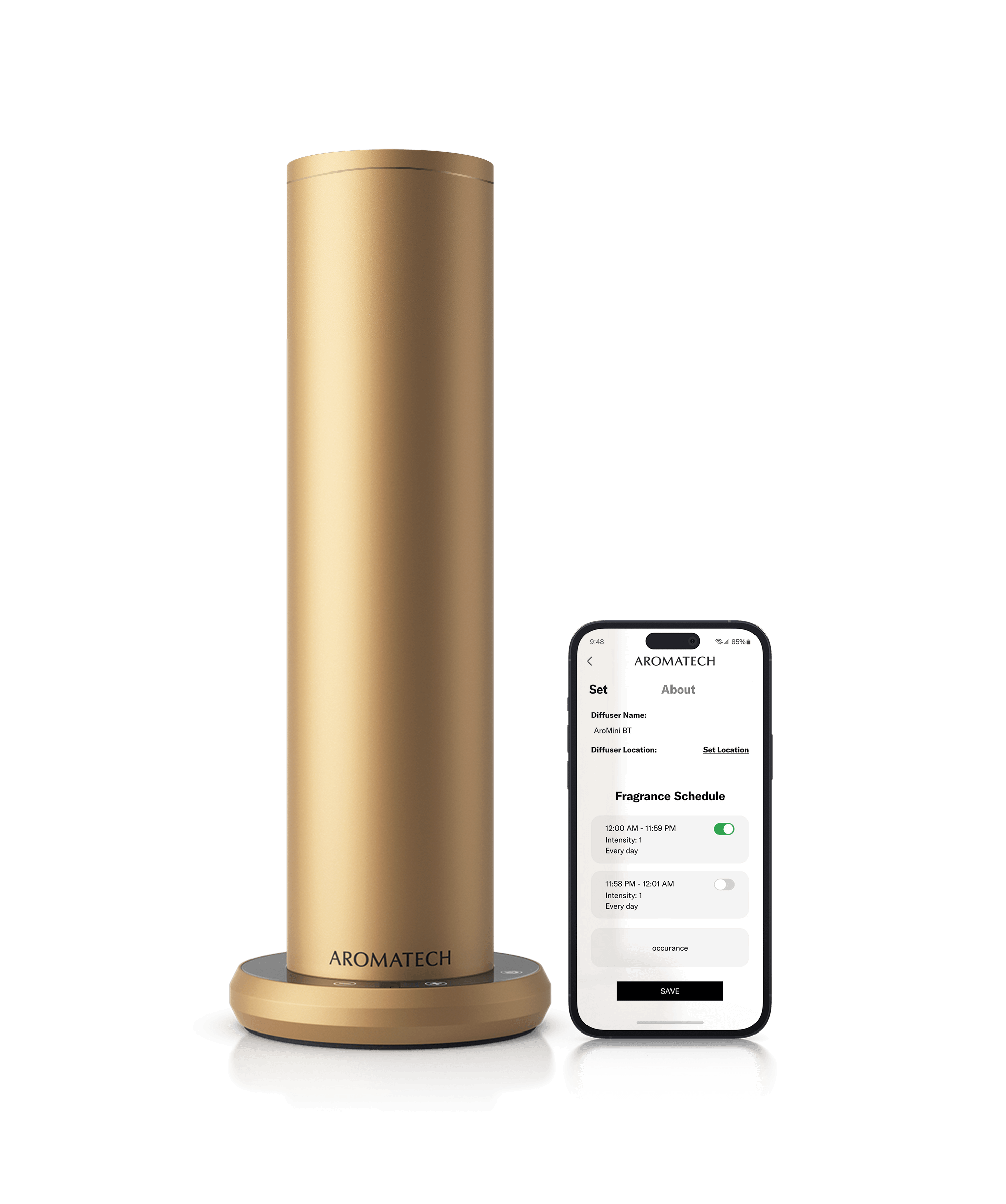 Gold Aromini BT Plus diffuser with smartphone app control for fragrance scheduling